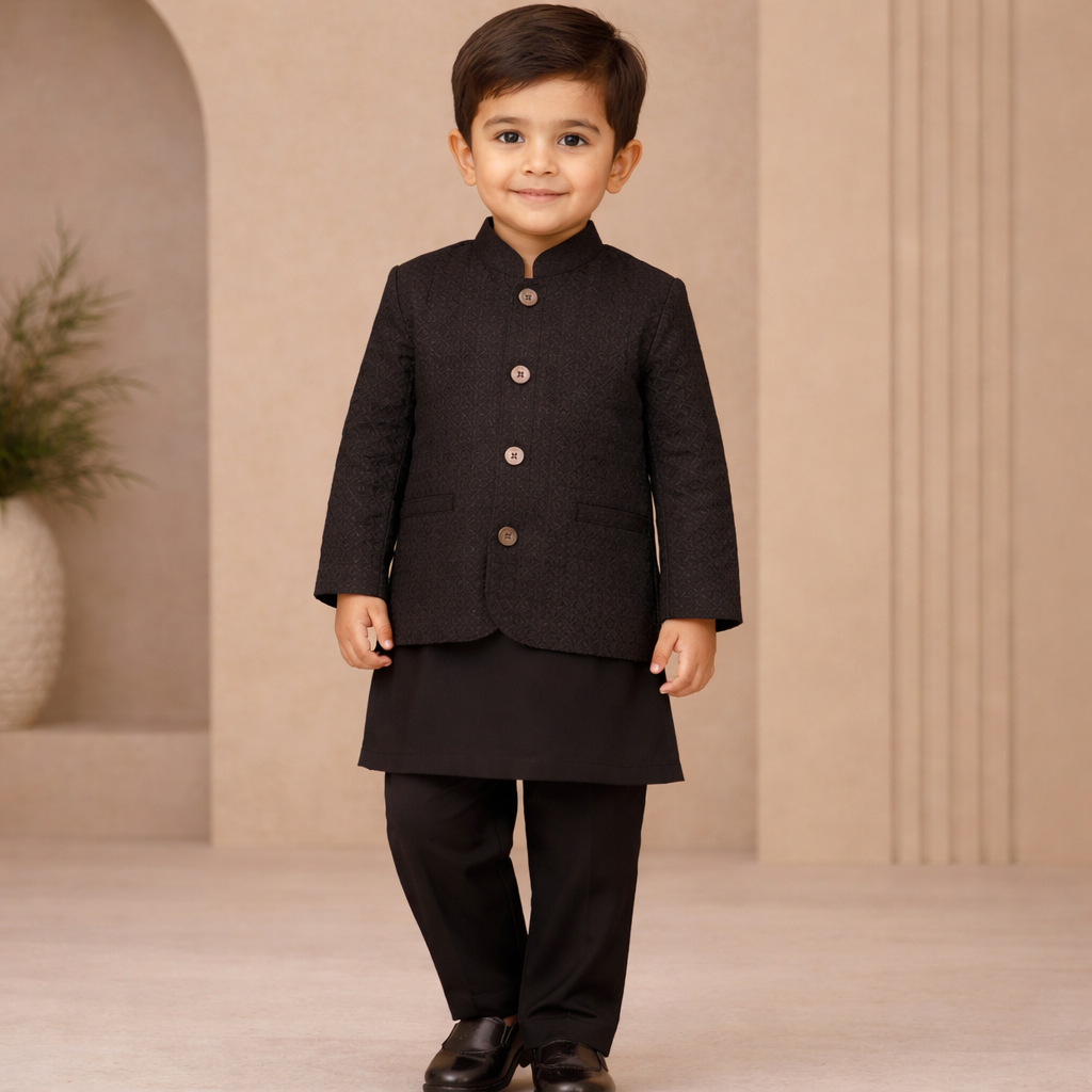 Classic Black Prince Coat Kurta Set for Boys