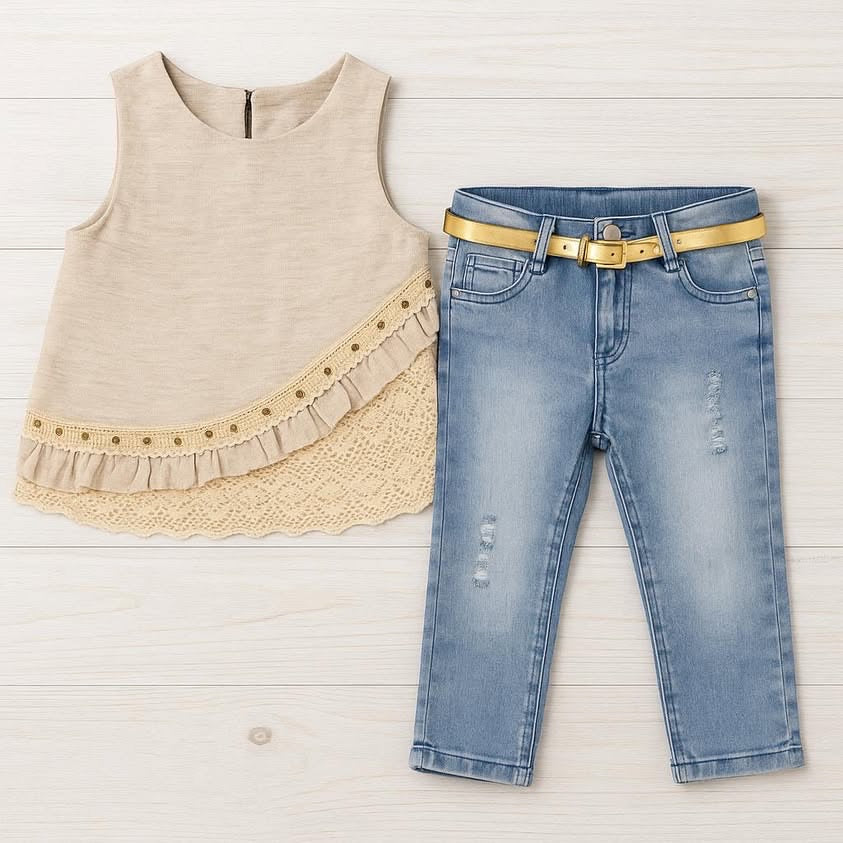 Girls 2 Pcs Sleeveless Top & Jeans Set