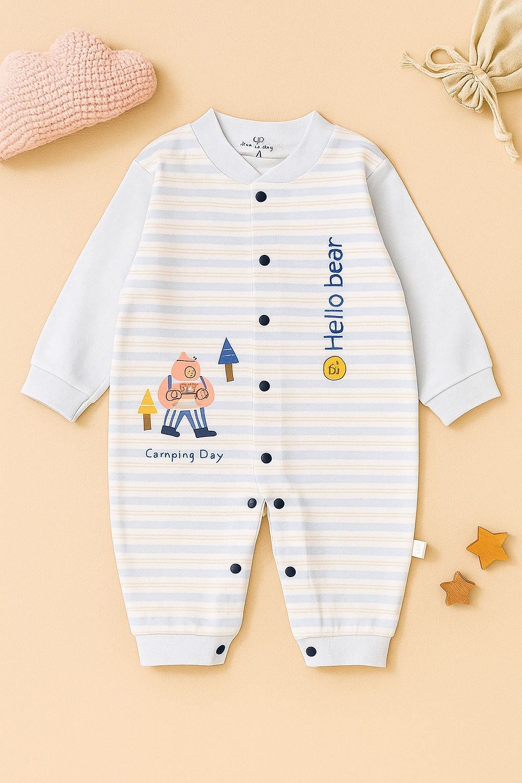 Hello Bear Full Romper With Stripes Detailing