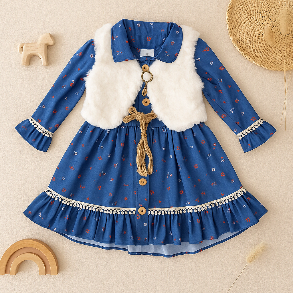 Girls Frock with Detachable Fleece Bolero & Wooden Buttons Detailing