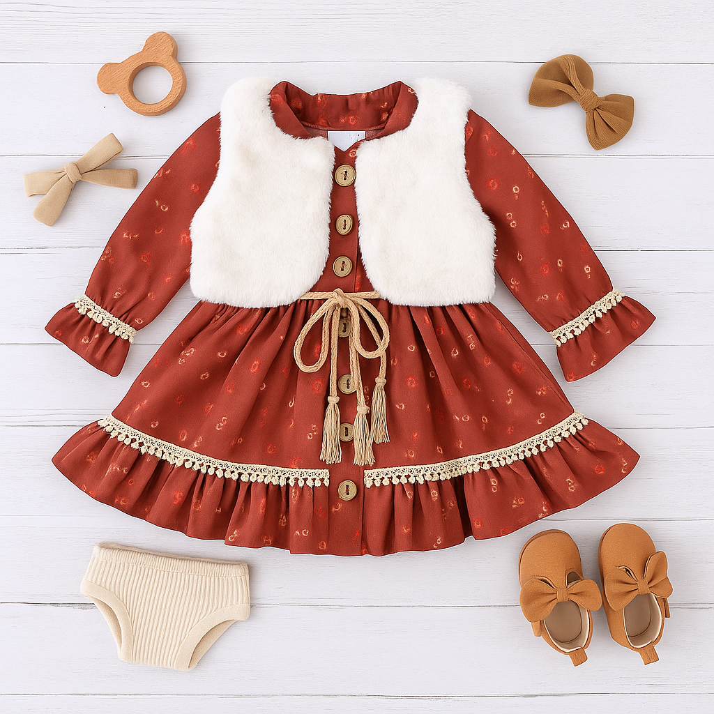 Girls Frock with Detachable Fleece Bolero & Wooden Buttons Detailing