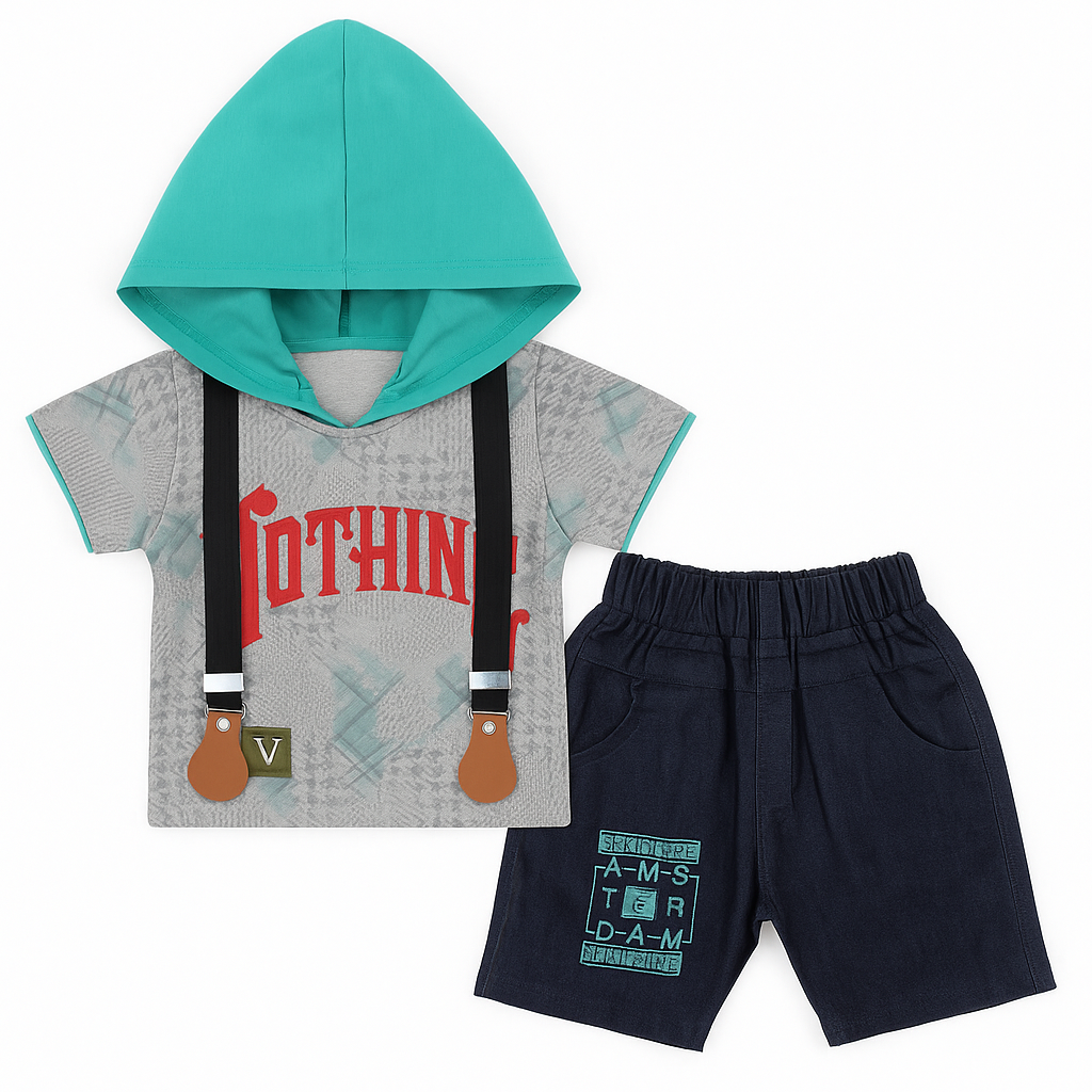 Boys 2 Pcs Hooded Shirt With Suspenders & Short Set
