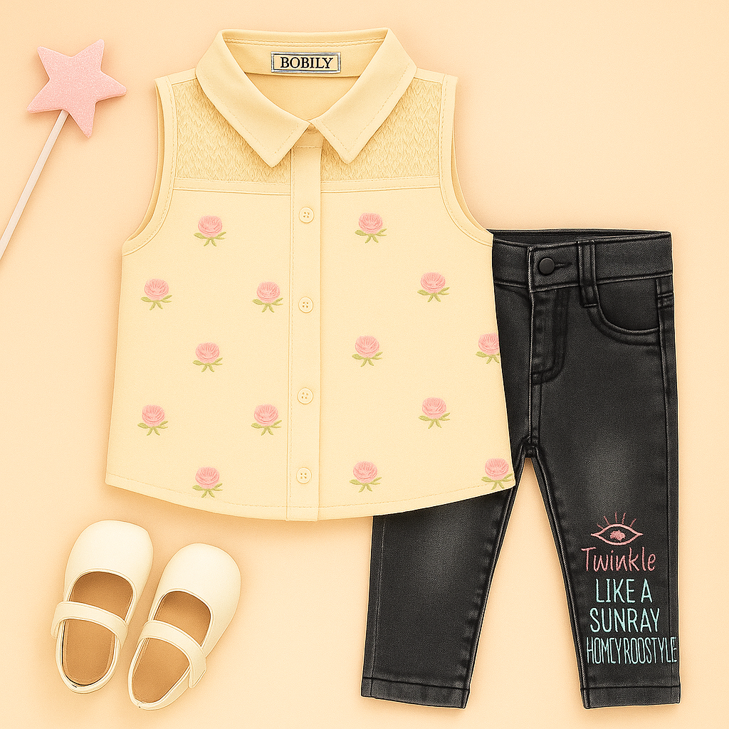 Beige Charm Top & Pant Set for Girls