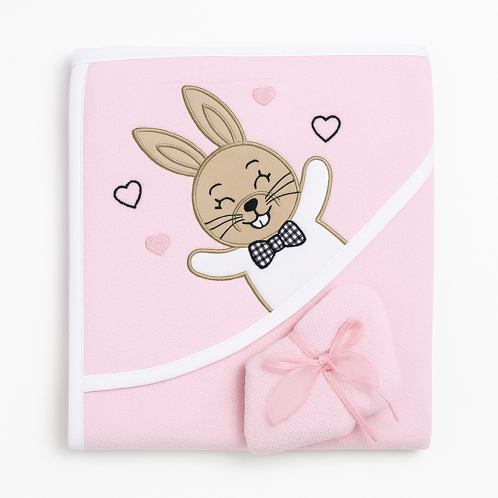 2 Pcs Set Hooded Towel With Small Hand Towel - Pink Rabbit