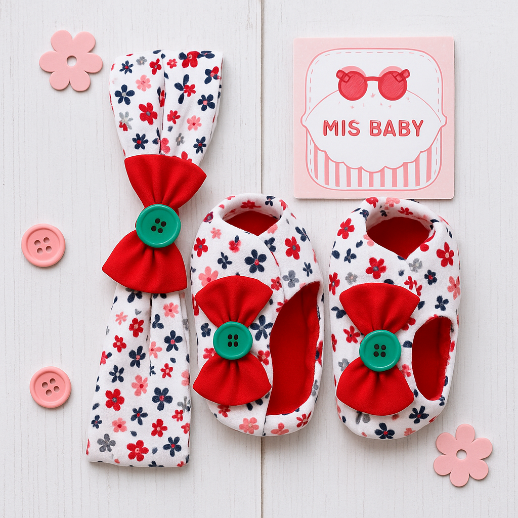 Girls 2 Pcs Booties & Headband Set - Red Flowers