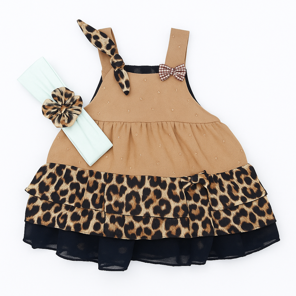 Fekra Baby 2 Pcs Frock & Headband Set With Detachable Glass Broche - Brown