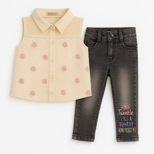 Beige Charm Top & Pant Set for Girls