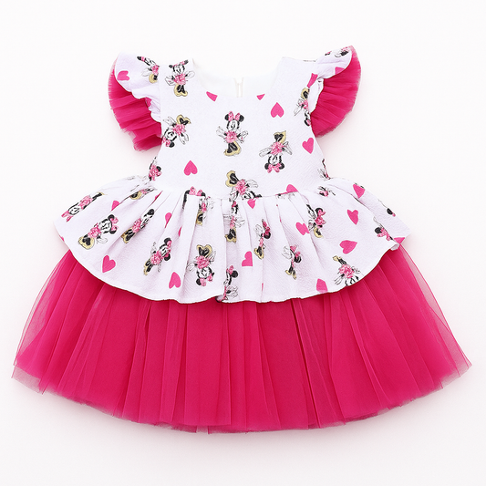 MinnieMouse Frock With Net Frill Detailing - D.Pink