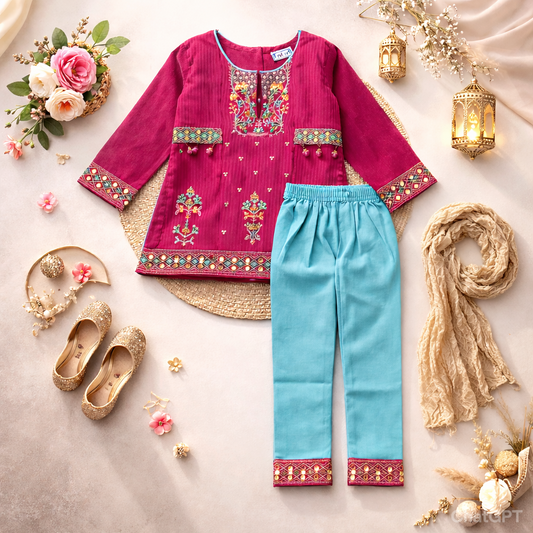 Embellished Kameez & Trouser With Crushed Dupatta