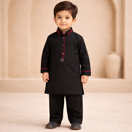 Elegant Black & Red Boys Kurta Shalwar Set