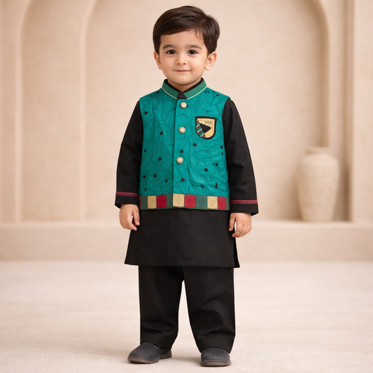 Emerald Festive Waistcoat Suit for Boys – 3PC Kurta Shalwar Set