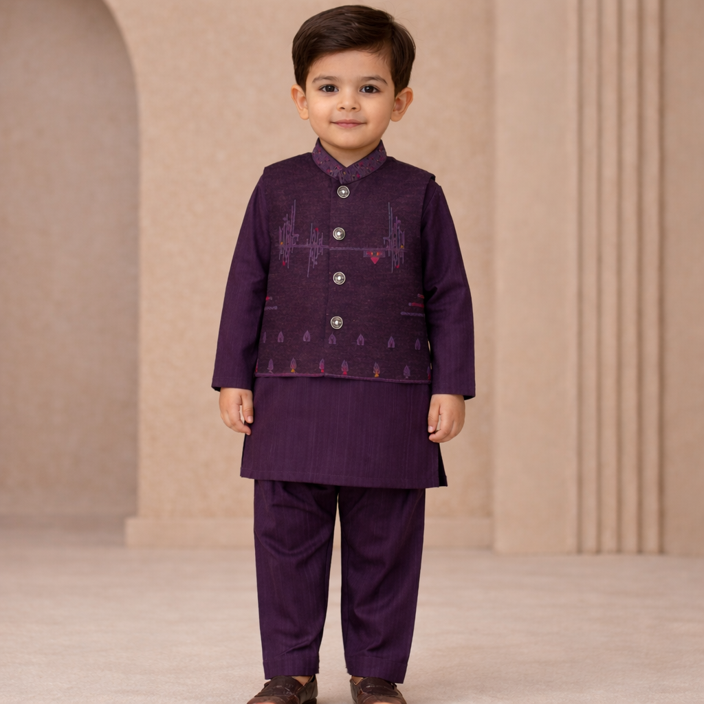 Royal Plum Waistcoat Kurta Set for Boys