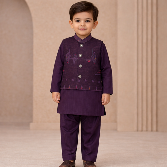 Royal Plum Waistcoat Kurta Set for Boys