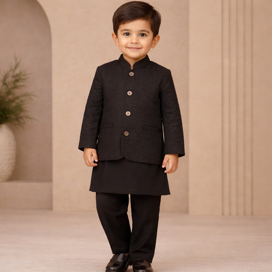 Classic Black Prince Coat Kurta Set for Boys