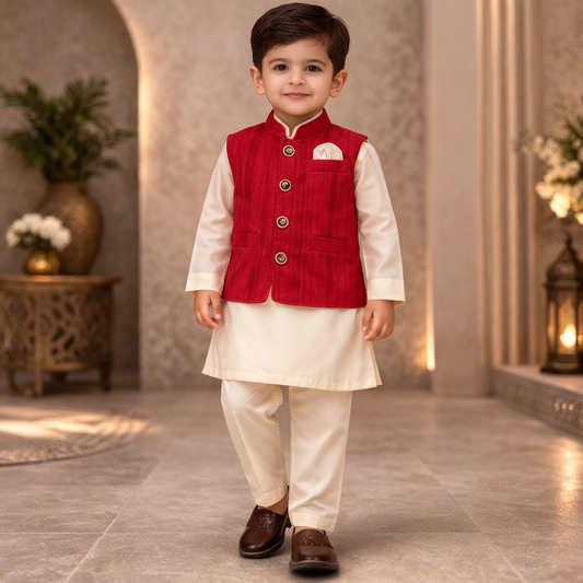 Signature Royal Red 3PC Kameez Shalwar Waistcoat Set