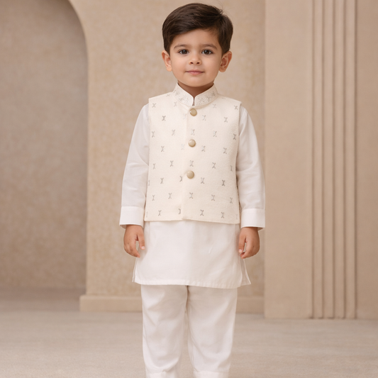 Ivory Royal Waistcoat Kurta Shalwar Set for Boys