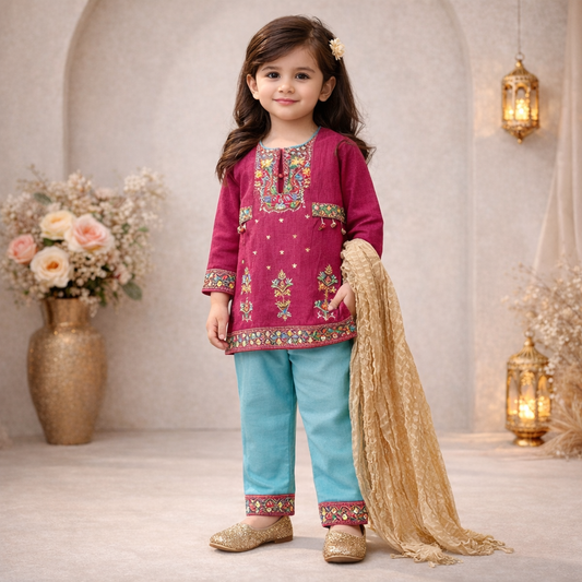 Embellished Kameez & Trouser With Crushed Dupatta