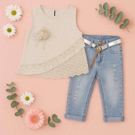 Girls 2 Pcs Sleeveless Top With Broche & Jeans Set