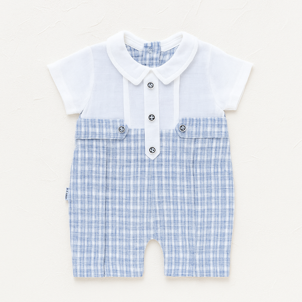 Lulya Baby Cotton Romper With Checks Detailing - Grey