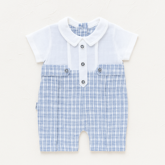 Lulya Baby Cotton Romper With Checks Detailing - Grey