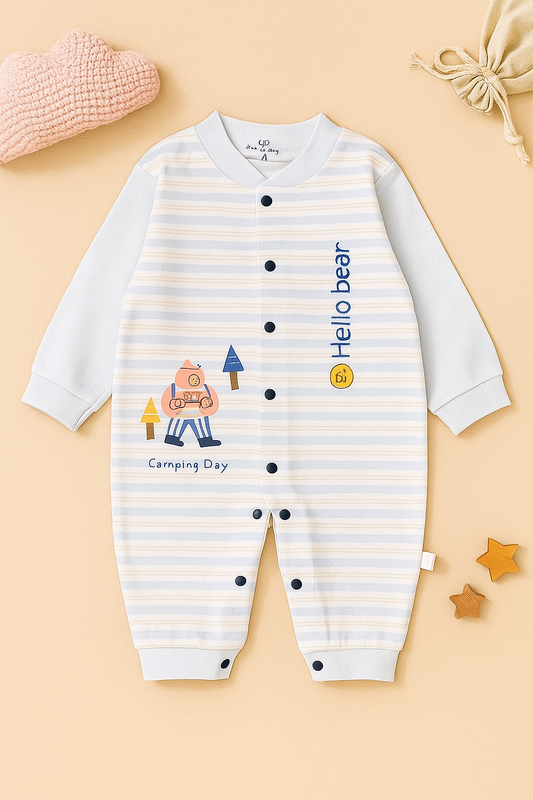 Hello Bear Full Romper With Stripes Detailing
