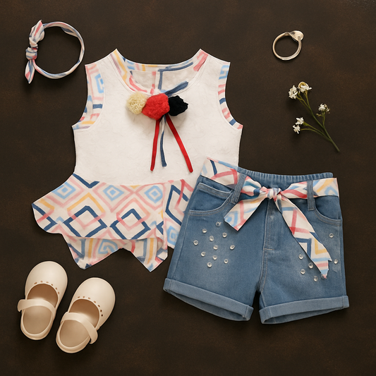 Girls 2 Pcs Net Top With Floral Broche & Short Set