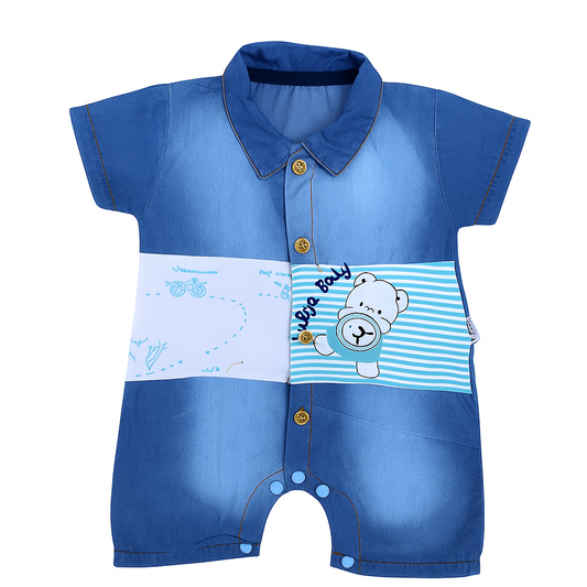 Lulya Baby Denim Button Down Romper -Bear