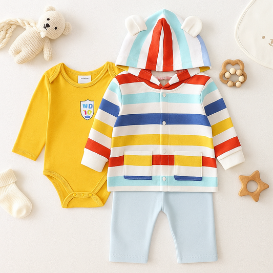 Wonder Child 3 Pcs Hoodie, Bodysuit & Trouser Set -Striped