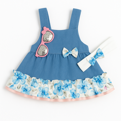 Fekra Baby 2 Pcs Frock & Headband Set With Detachable Glasses Broche -Denim