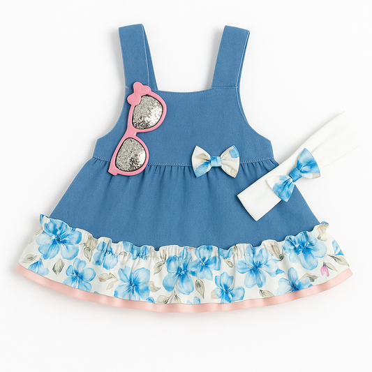 Fekra Baby 2 Pcs Frock & Headband Set With Detachable Glasses Broche -Denim