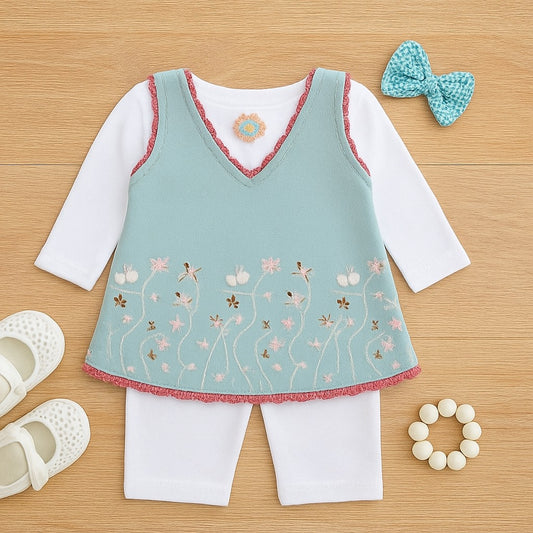 Toddlers 3 Pcs Girls Outfit - Top, Shirt & Tights