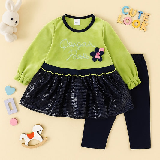 Toddlers 2 Pcs Fleece Bodice Frock With Tights