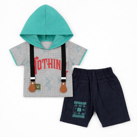 Kids 2 Pcs Hooded Shirt With Suspenders & Short