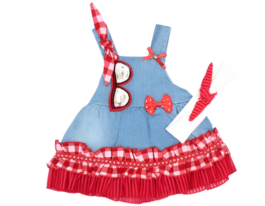 Fekra Baby 2 Pcs Frock & Headband Set With Detachable Glasses Broche -Denims