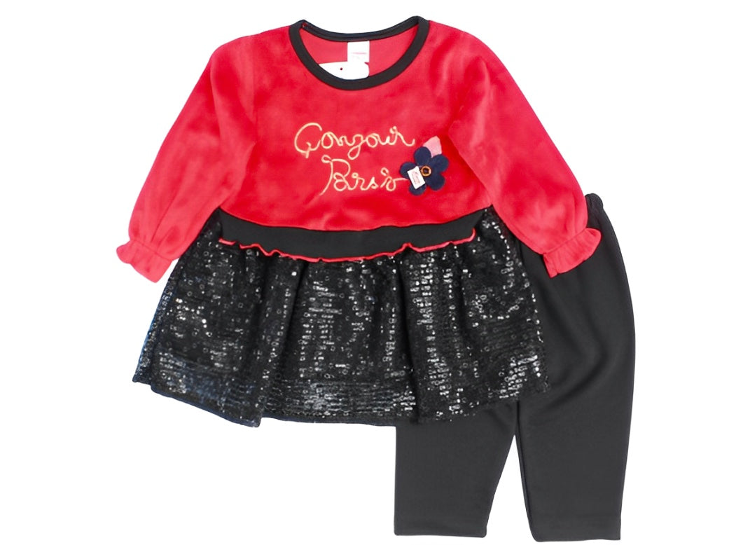 Toddlers 2 Pcs Fleece Bodice Frock & Trouser Set -Red