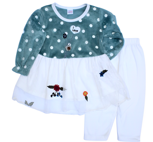 Toddlers 2 Pcs Fleece Bodice Frock & Trouser Set -Polka Dots