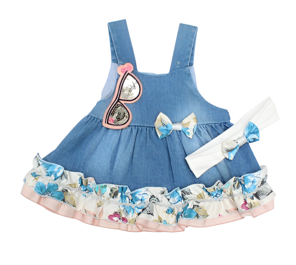 Fekra Baby 2 Pcs Frock & Headband Set With Detachable Glasses Broche -Denim