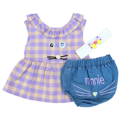 Fekra Baby 3 Pcs Top, Denim Diaper CoverUp & Headband Set -Kittie