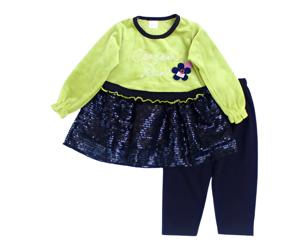 Toddlers 2 Pcs Fleece Bodice Frock & Trouser Set - Green