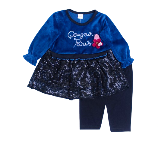 Toddlers 2 Pcs Fleece Bodice Frock & Trouser Set -Blue