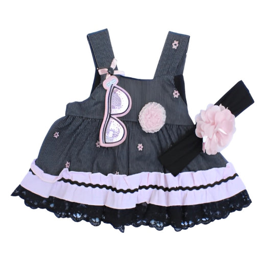 Fekra Baby 2 Pcs Frock & Headband Set With Detachable Glasses Broche -Black