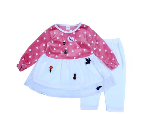 Toddlers 2 Pcs Fleece Bodice Frock & Trouser Set -Polka Dot