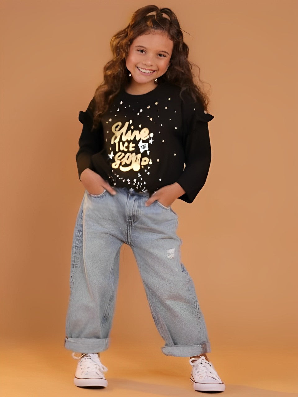 Girls Full Sleeves Top With Pearls & Sequence Detailing - Shine Like The Stars