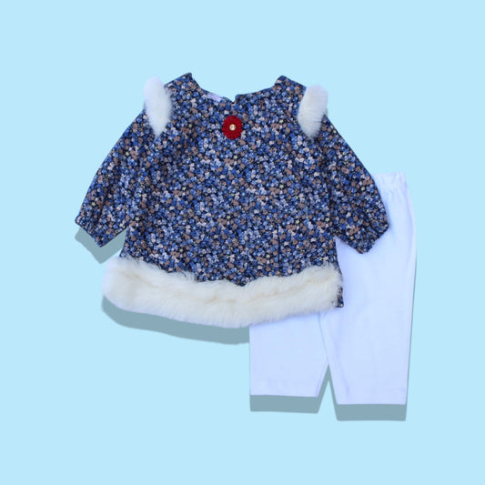 Toddlers 2 Pcs Top With Fur Detailing & Tights Set