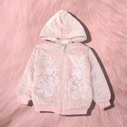 Girls Fleece Zipper Hoodie With Pearls Detailing - Peach