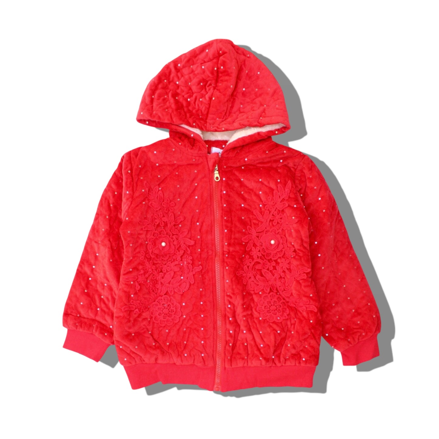 Girls Fleece Zipper Hoodie With Pearls Detailing - Red