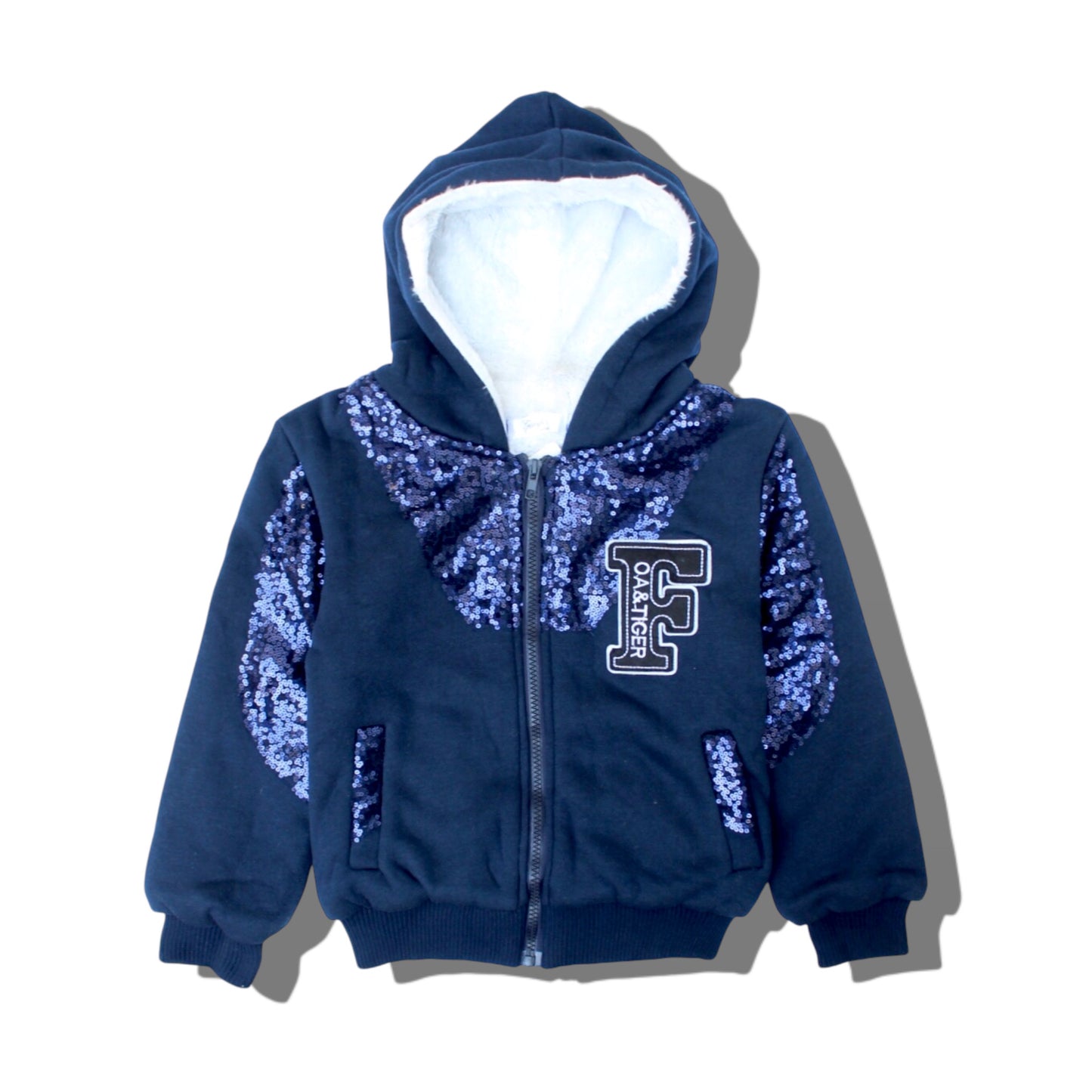 Fleece Zipper Hoodie With Sequence Detailing - Blue