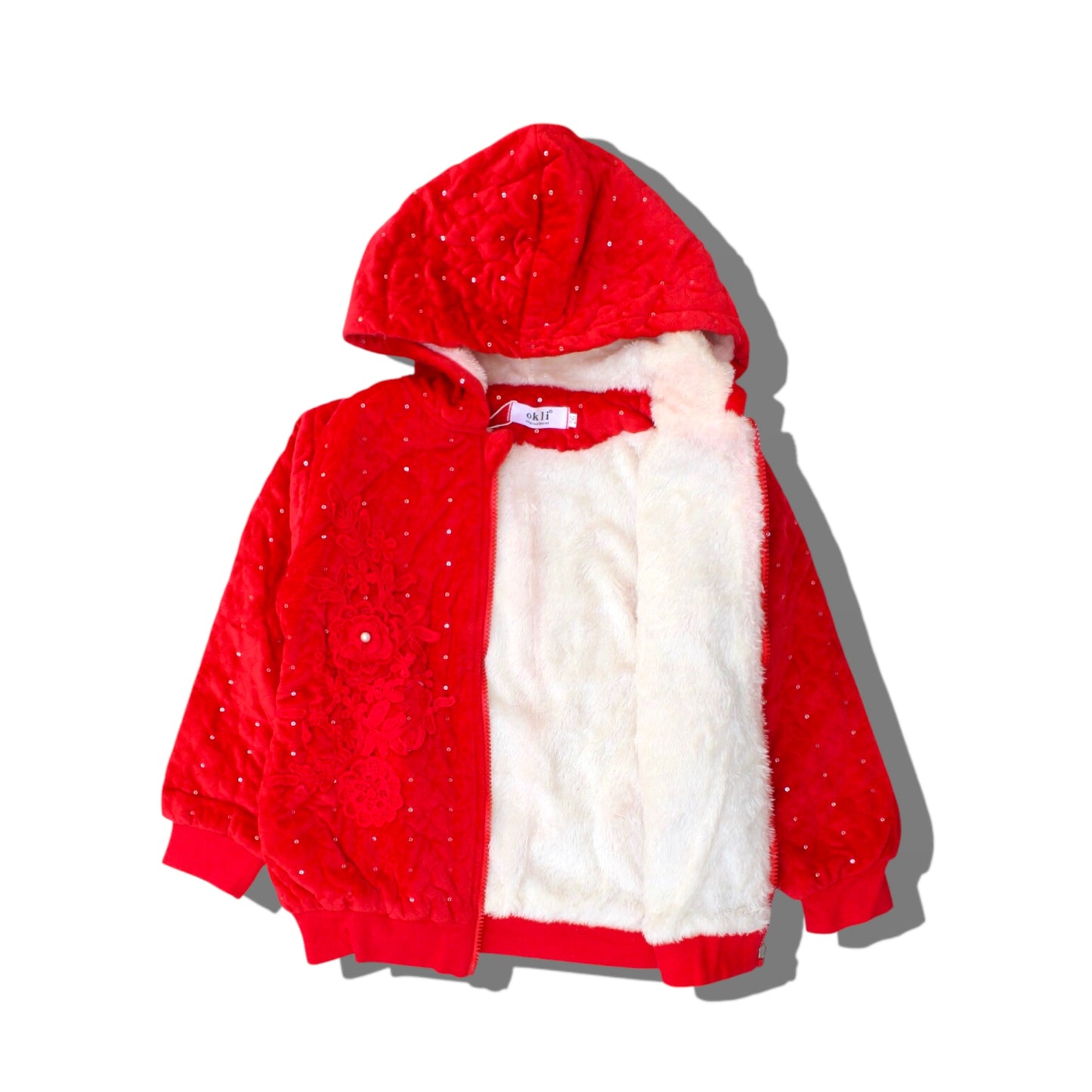 Girls Fleece Zipper Hoodie With Pearls Detailing - Red