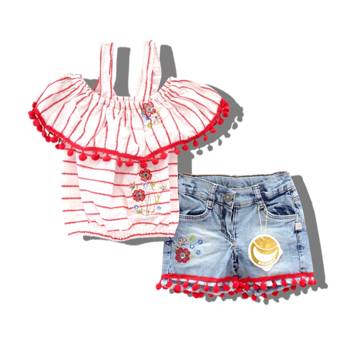 Nellino Baby 2 Pcs Top & Denim Short Set - Red