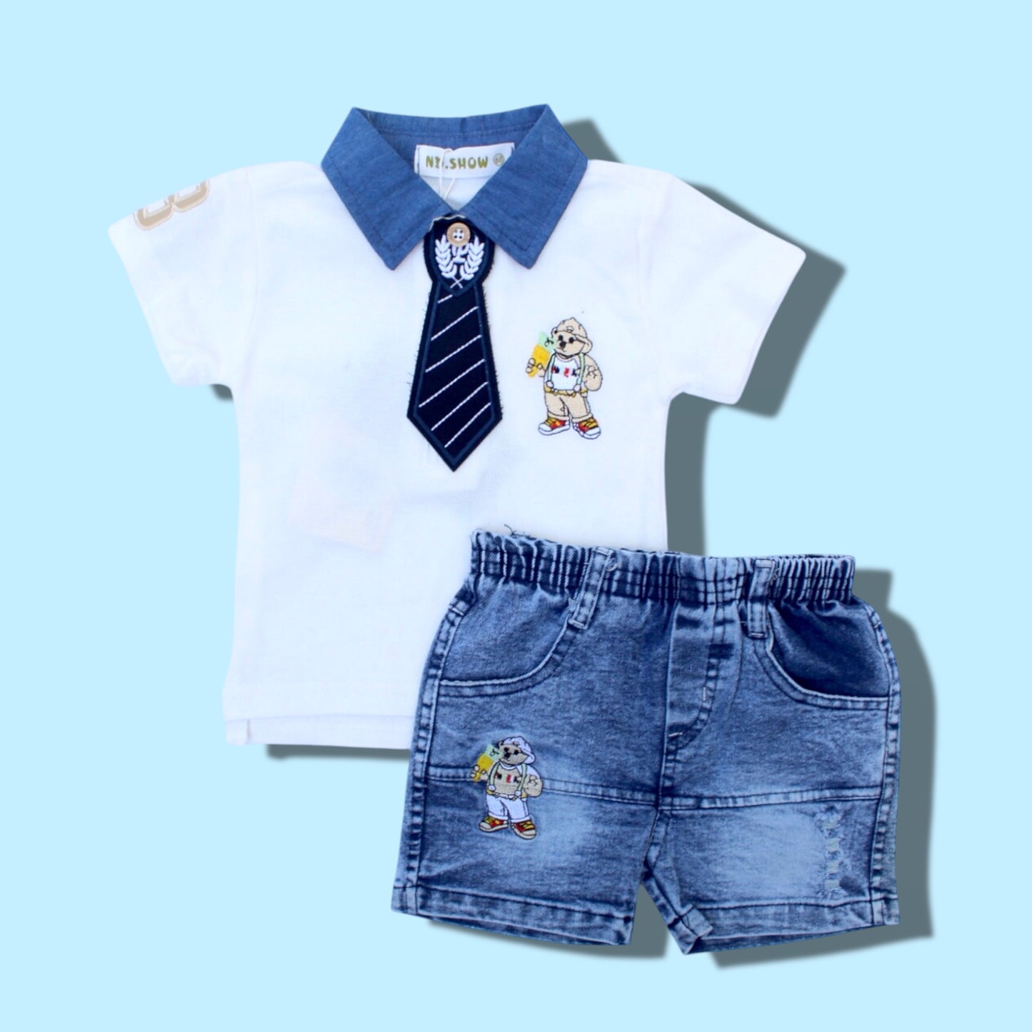 Boys 2 Pcs T-Shirt & Denim Short Set - White Bear